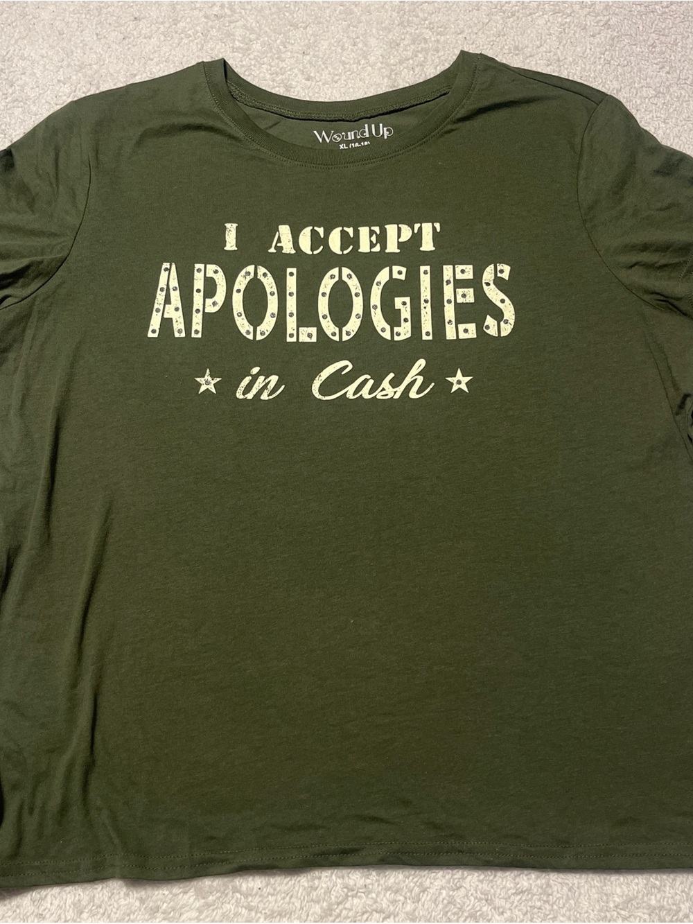 Wound Up Olive Green Graphic Tee with Cream Text - Picture 1 of 4